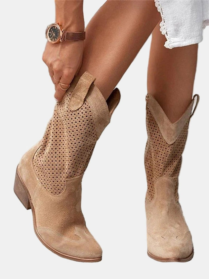 Womens Brown Knee High Boots Perforated Block Heel Suede 7