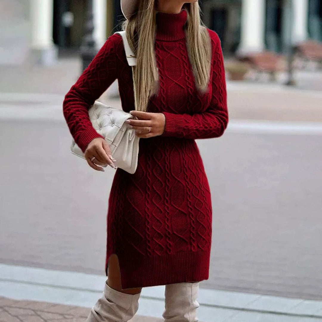 Womens Cable-Knit Long Sleeve Turtleneck Midi Dress Wool Blend 0