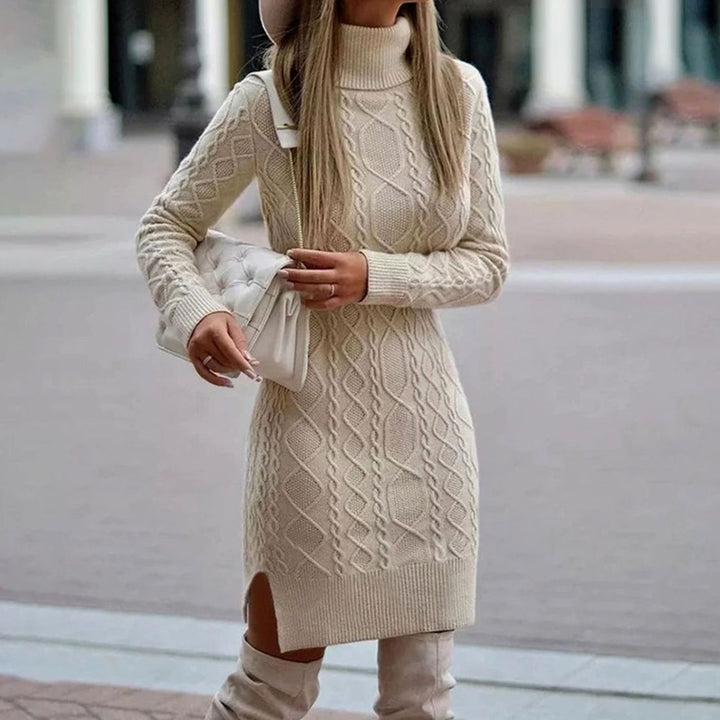 Womens Cable-Knit Long Sleeve Turtleneck Midi Dress Wool Blend 2