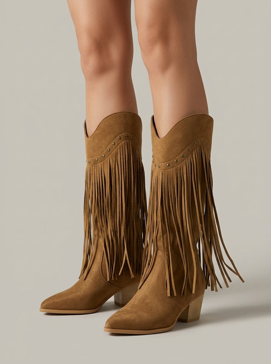 Womens Casual Knee High Pointed Toe Fringe Boots Suede 1
