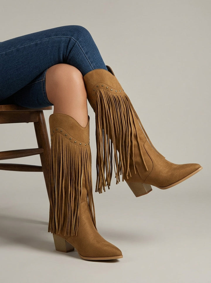 Womens Casual Knee High Pointed Toe Fringe Boots Suede 2
