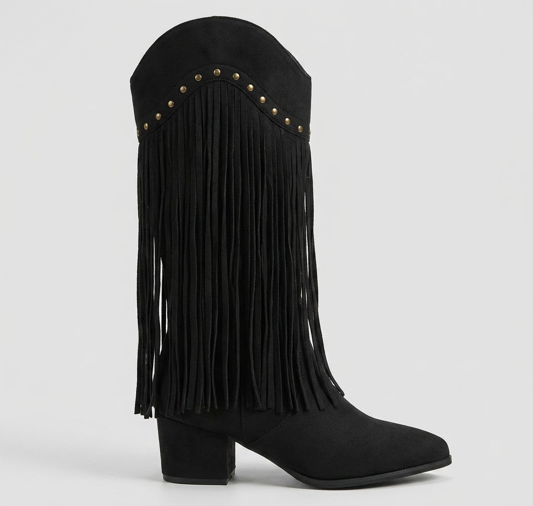 Womens Casual Knee High Pointed Toe Fringe Boots Suede 3