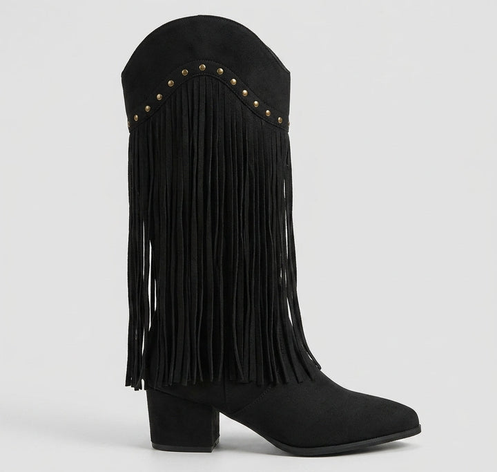 Womens Casual Knee High Pointed Toe Fringe Boots Suede 3