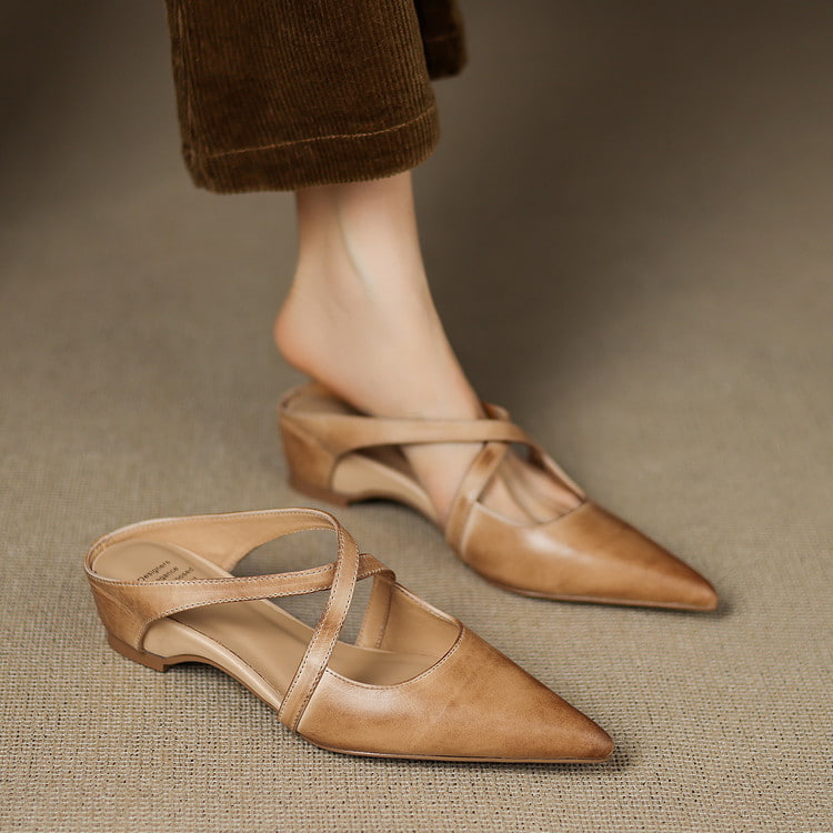 Womens Chic Cross-Strap Pointed-Toe Heeled Mules Leather 0
