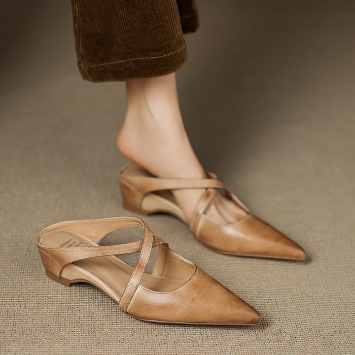 Womens Chic Cross-Strap Pointed-Toe Heeled Mules Leather 0