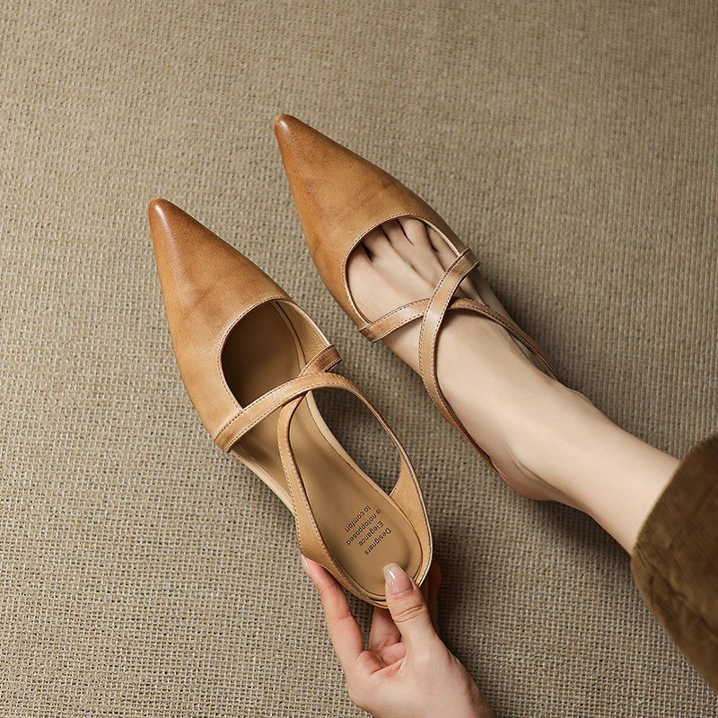 Womens Chic Cross-Strap Pointed-Toe Heeled Mules Leather 1