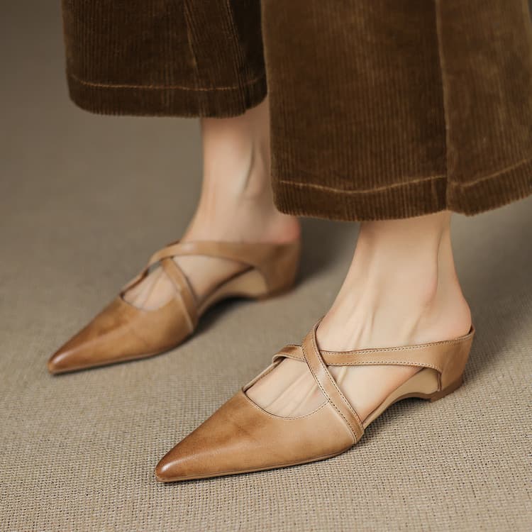 Womens Chic Cross-Strap Pointed-Toe Heeled Mules Leather 2