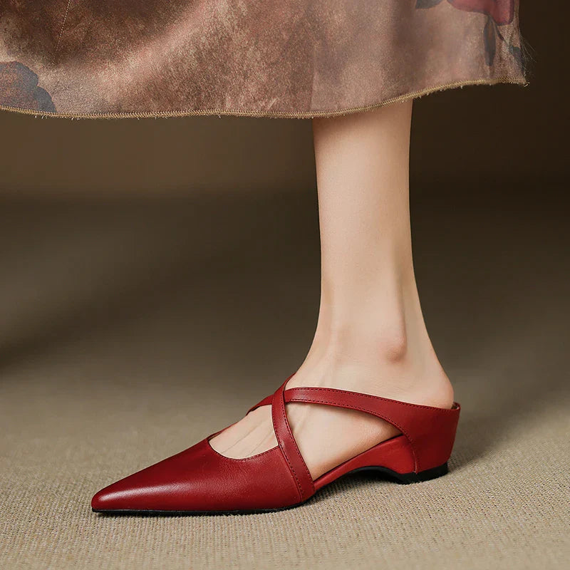 Womens Chic Cross-Strap Pointed-Toe Heeled Mules Leather 3