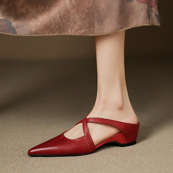 Womens Chic Cross-Strap Pointed-Toe Heeled Mules Leather 3