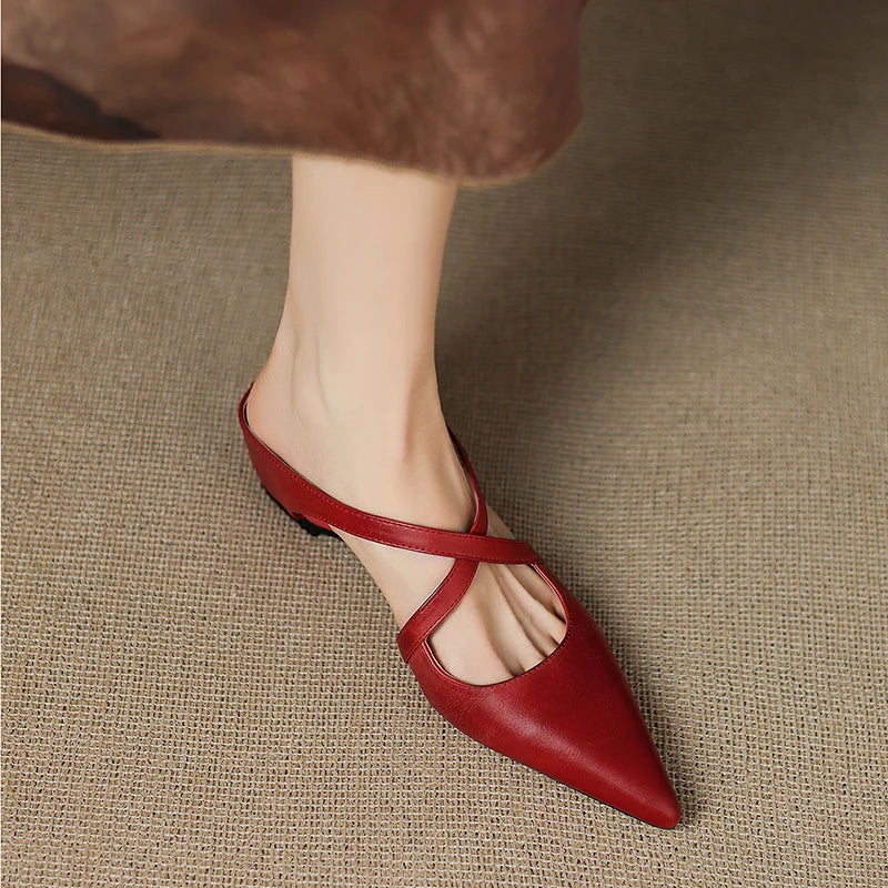 Womens Chic Cross-Strap Pointed-Toe Heeled Mules Leather 5