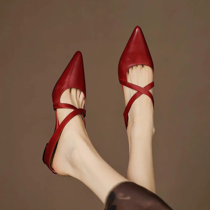 Womens Chic Cross-Strap Pointed-Toe Heeled Mules Leather 6