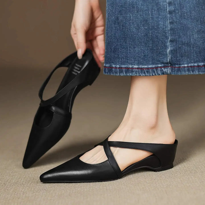 Womens Chic Cross-Strap Pointed-Toe Heeled Mules Leather 7