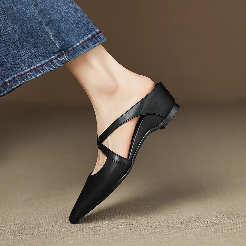 Womens Chic Cross-Strap Pointed-Toe Heeled Mules Leather 8