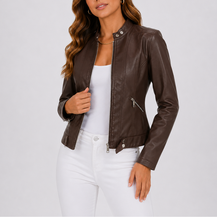 Womens Classic Zip Pocket Leather Jacket Vegan Leather 0