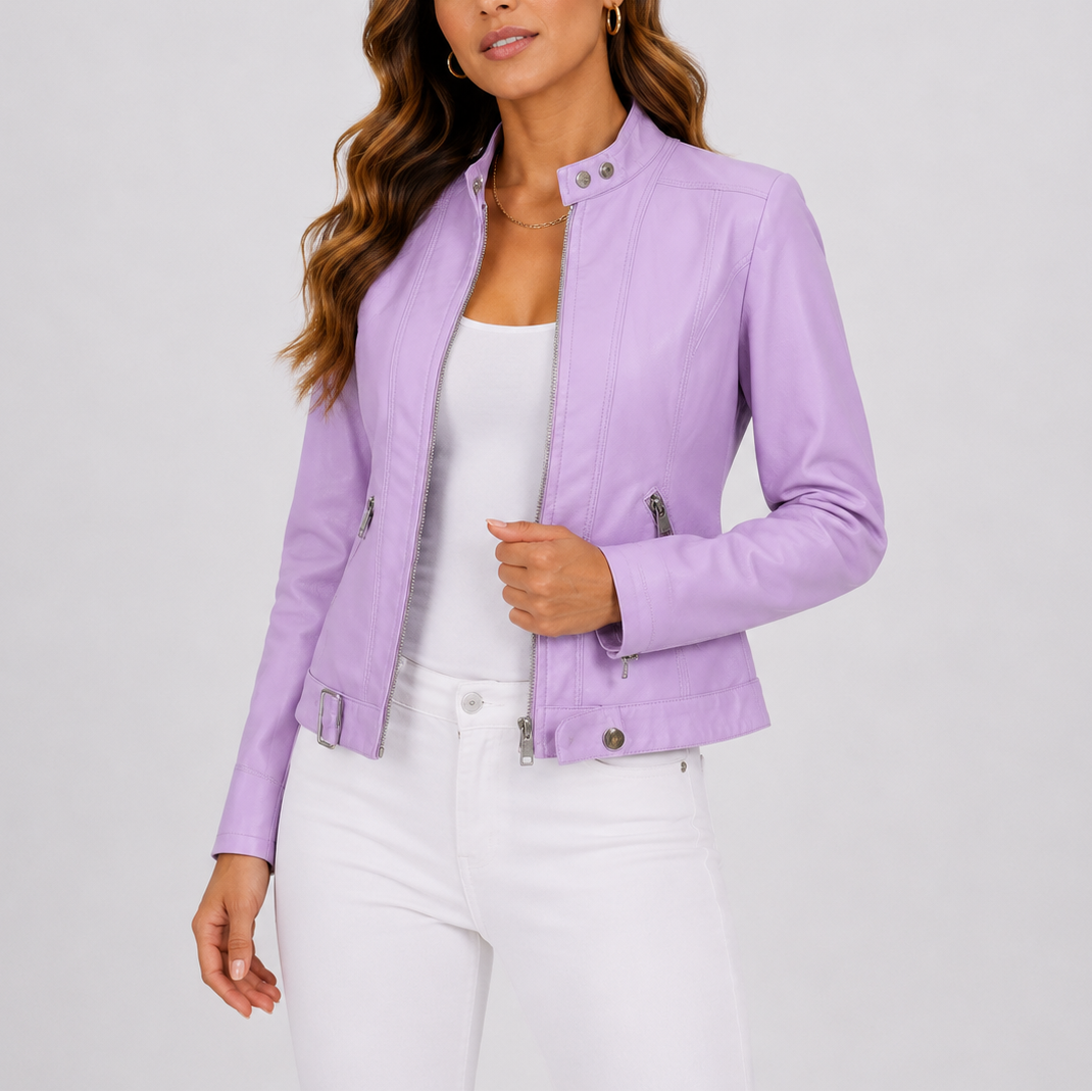 Womens Classic Zip Pocket Leather Jacket Vegan Leather 1