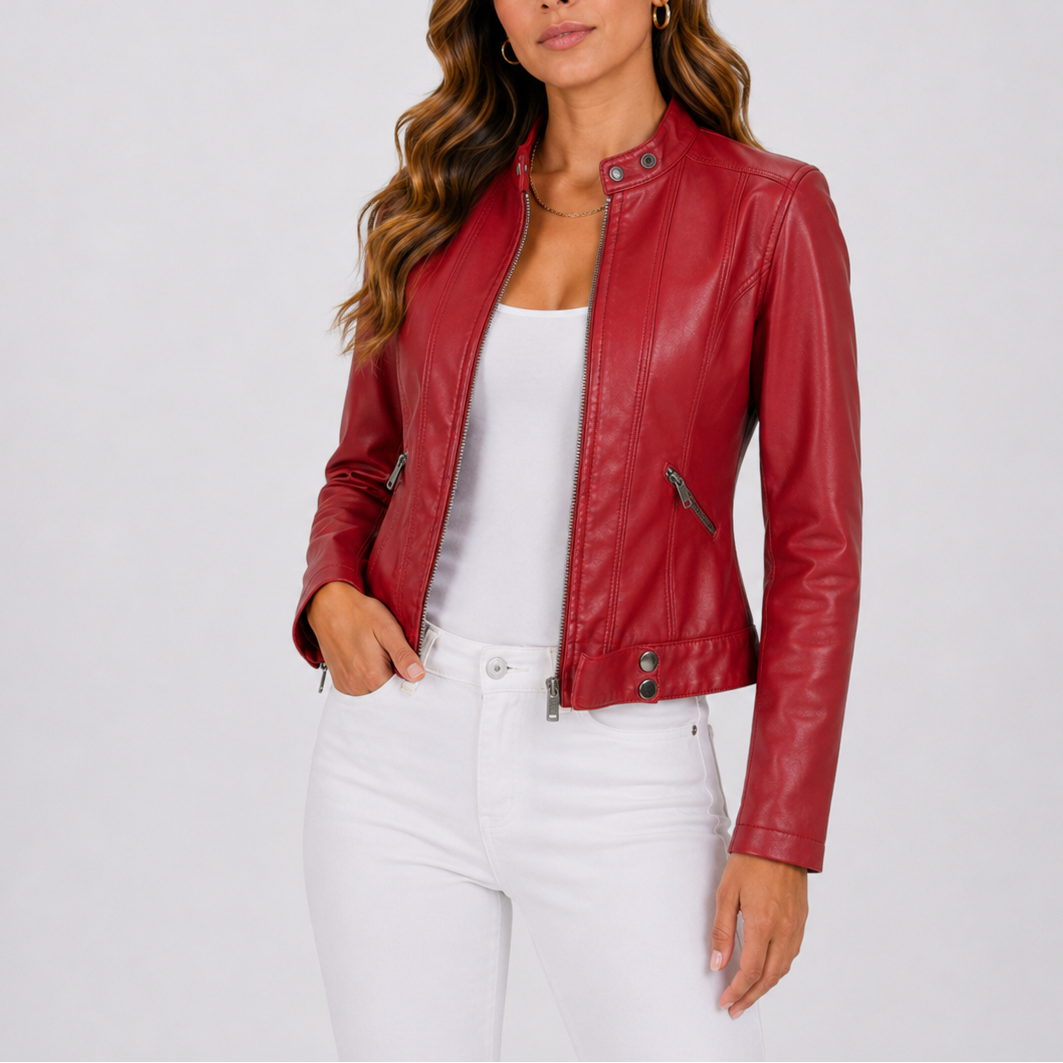 Womens Classic Zip Pocket Leather Jacket Vegan Leather 2