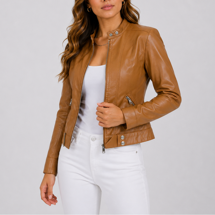 Womens Classic Zip Pocket Leather Jacket Vegan Leather 4