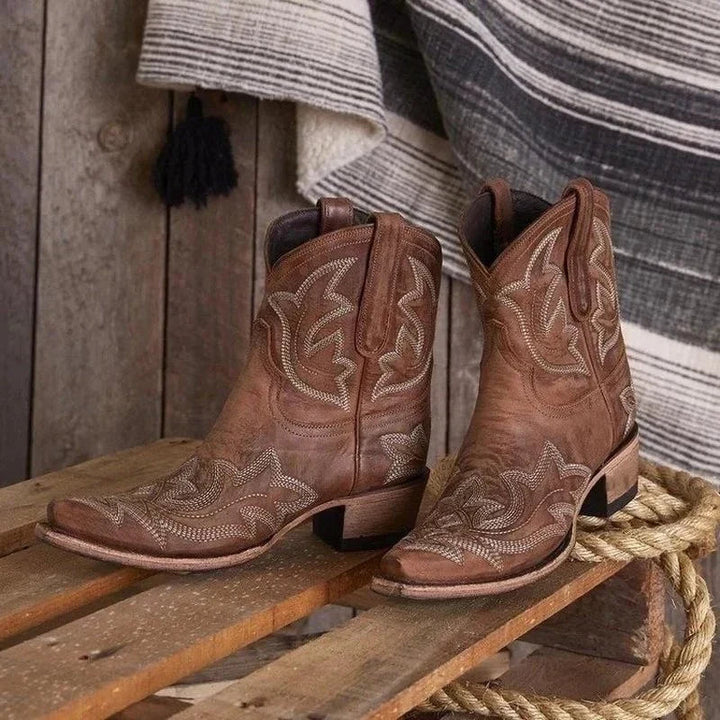 Womens Cowboy Embroidered Block Heel Ankle Boots Brown 0
