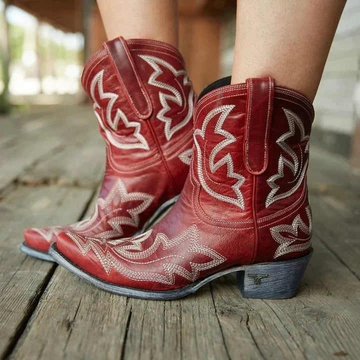 Womens Cowboy Embroidered Block Heel Ankle Boots Brown 1