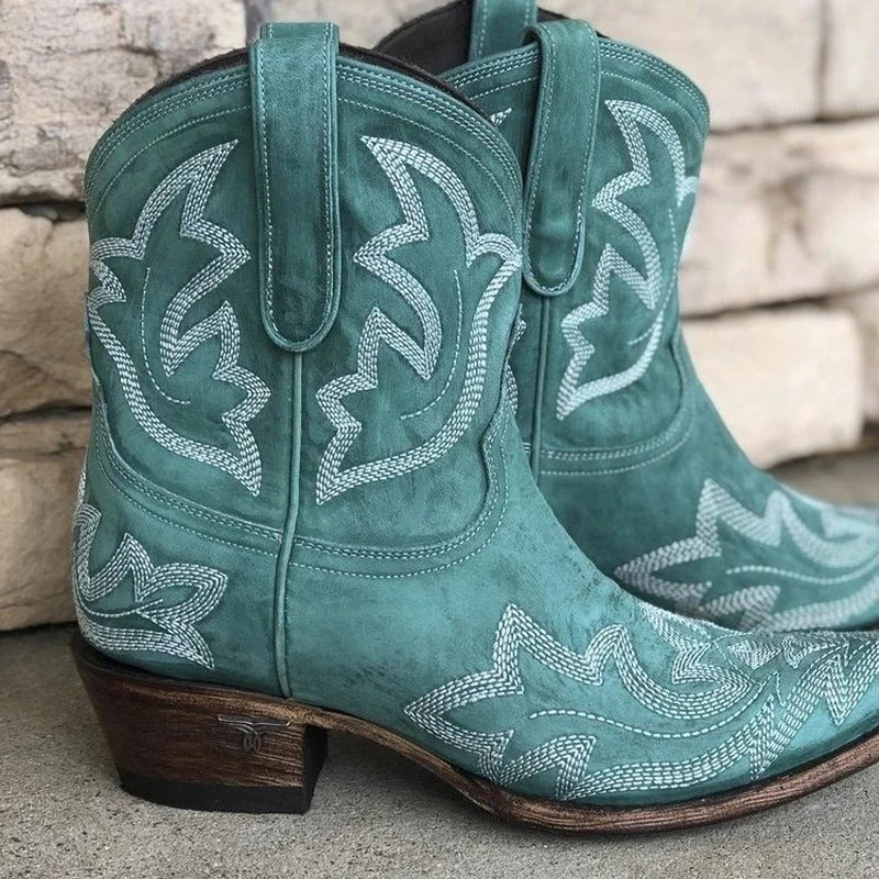 Womens Cowboy Embroidered Block Heel Ankle Boots Brown 2