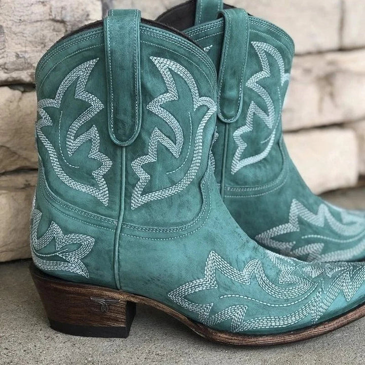 Womens Cowboy Embroidered Block Heel Ankle Boots Brown 2