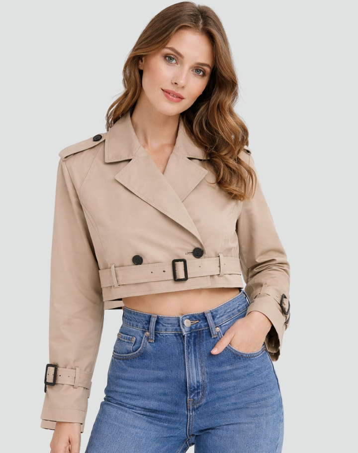 Womens Cropped Trench Coat Cotton Epaulette Detail 0