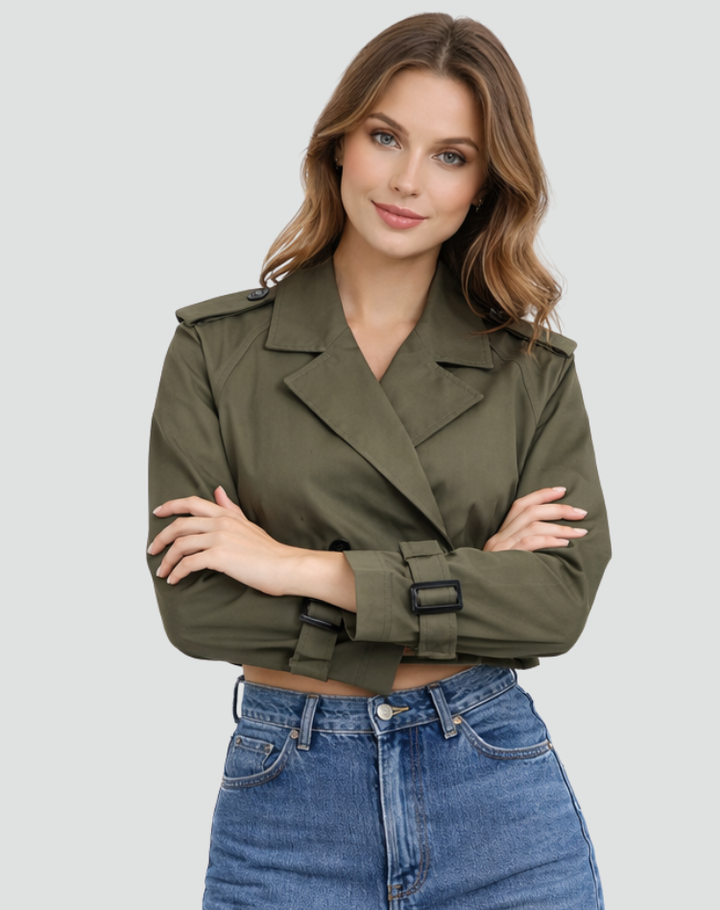 Womens Cropped Trench Coat Cotton Epaulette Detail 1