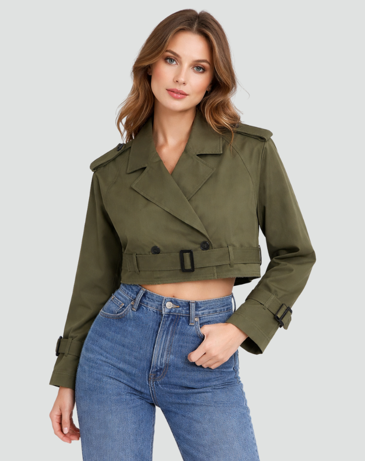 Womens Cropped Trench Coat Cotton Epaulette Detail 2