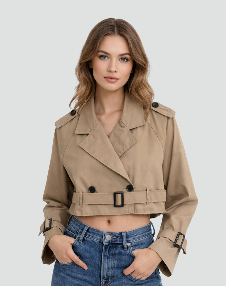 Womens Cropped Trench Coat Cotton Epaulette Detail 3