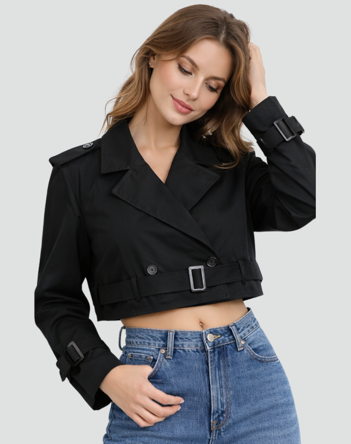 Womens Cropped Trench Coat Cotton Epaulette Detail 4