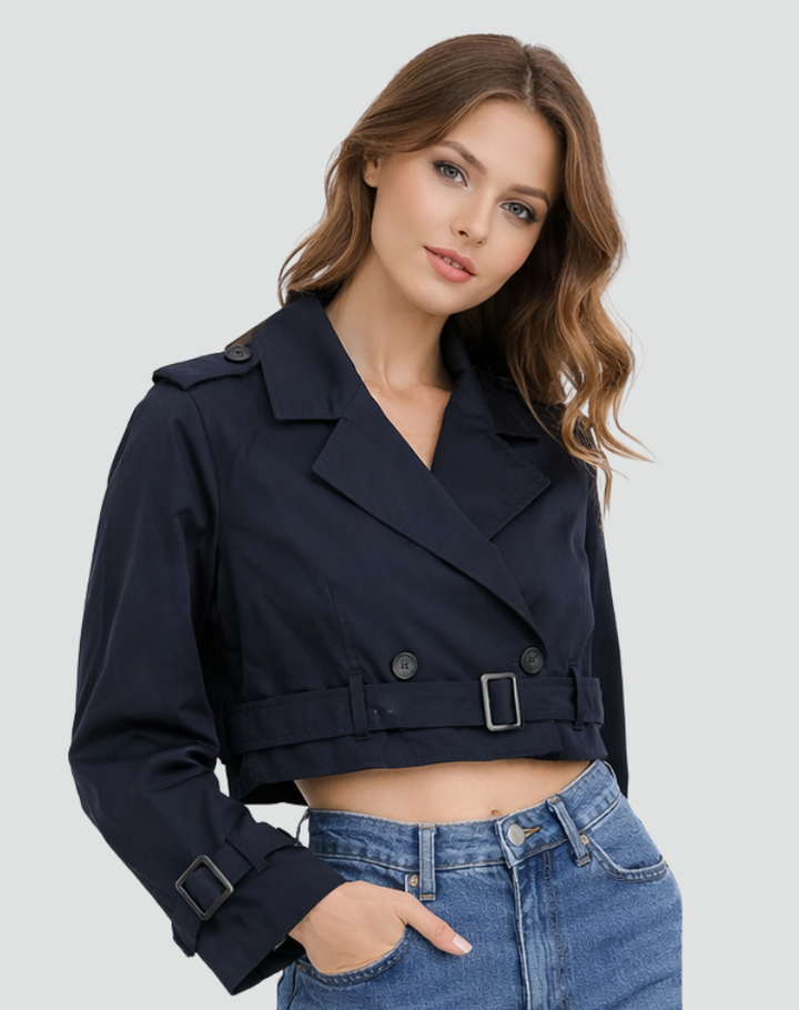 Womens Cropped Trench Coat Cotton Epaulette Detail 5