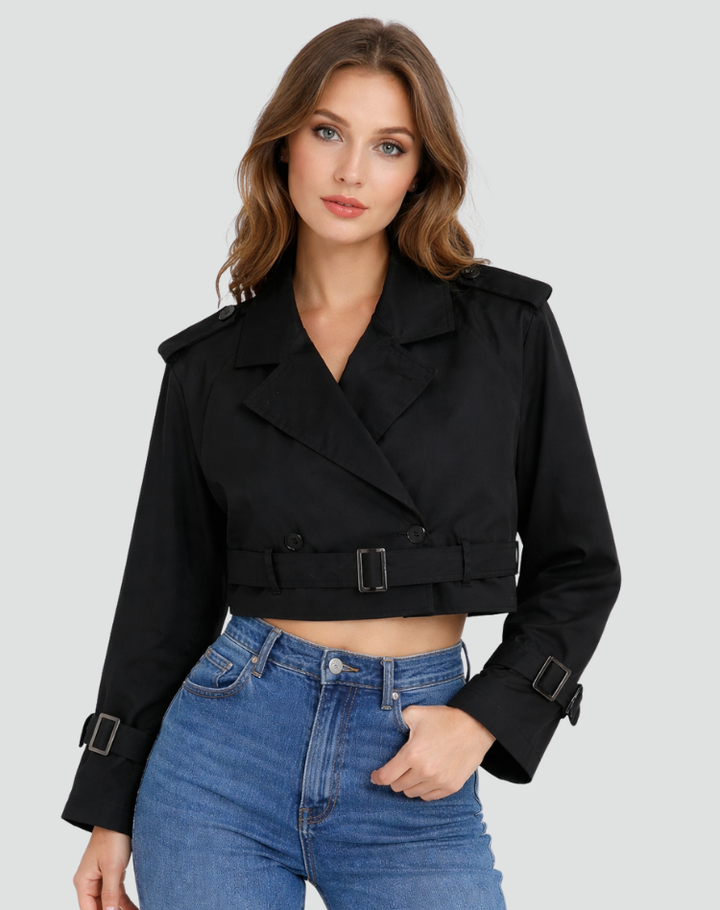 Womens Cropped Trench Coat Cotton Epaulette Detail 7