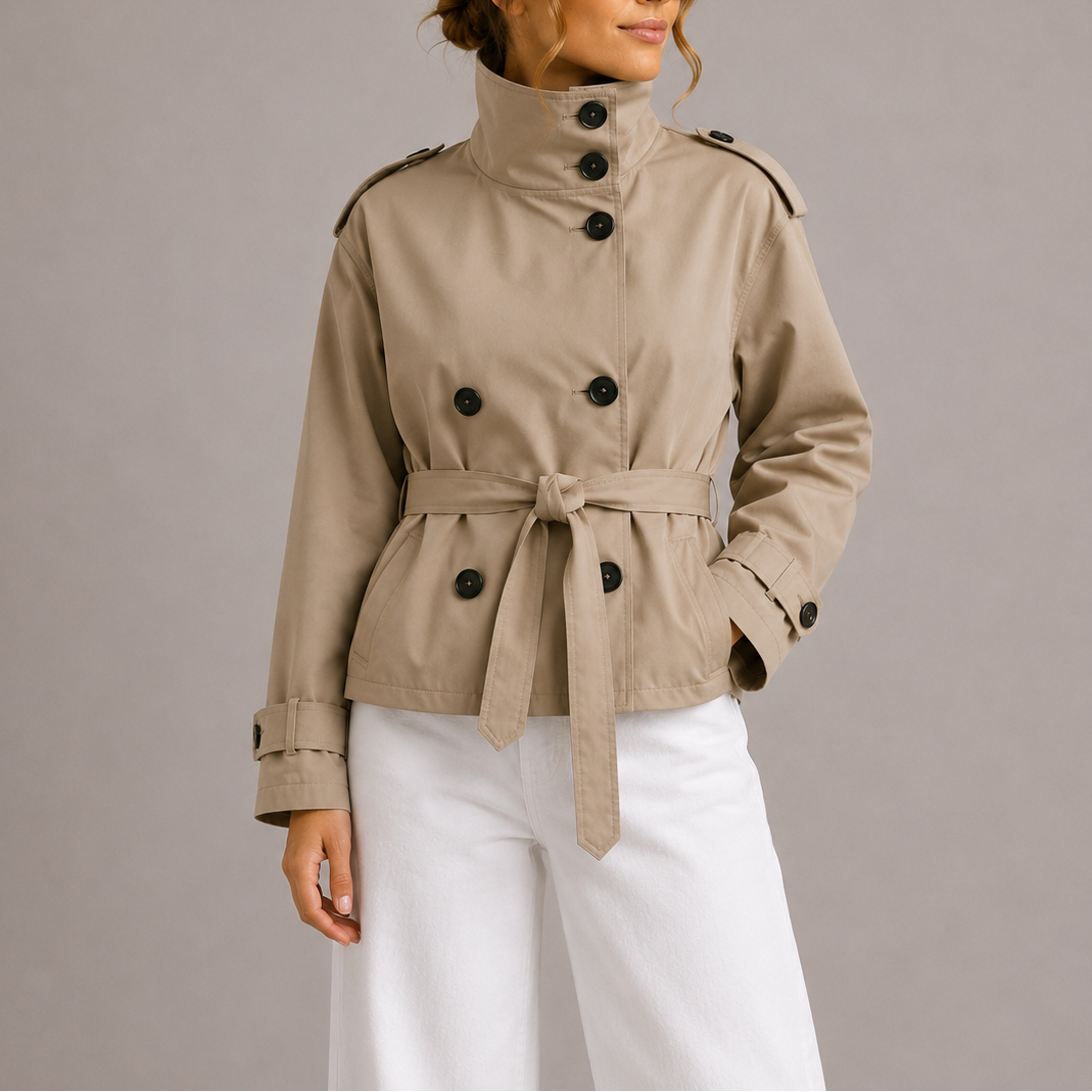 Womens Cropped Trench Coat Belted Stand Collar 0