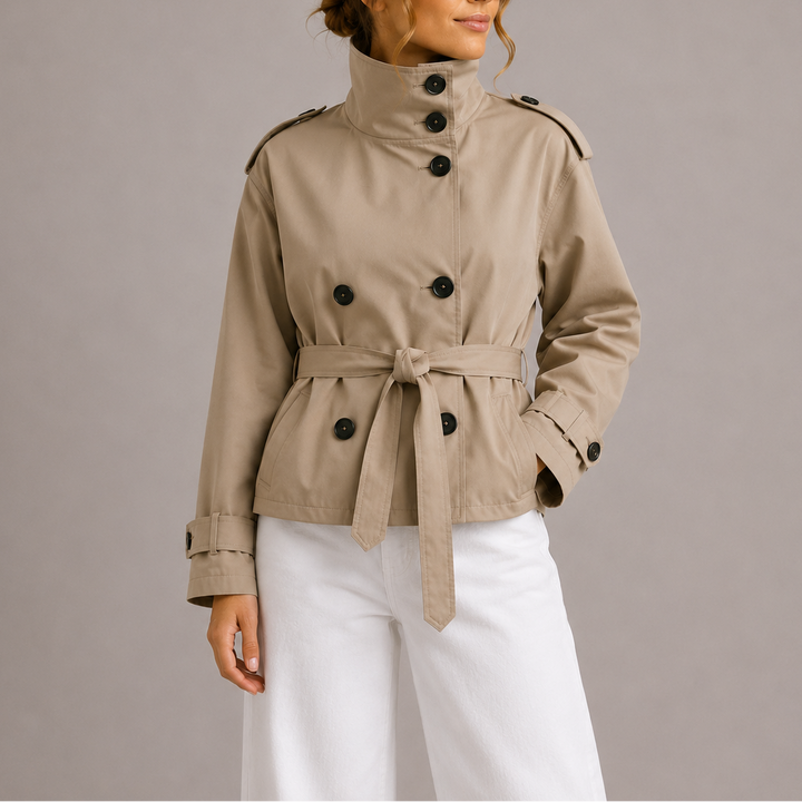 Womens Cropped Trench Coat Belted Stand Collar 0