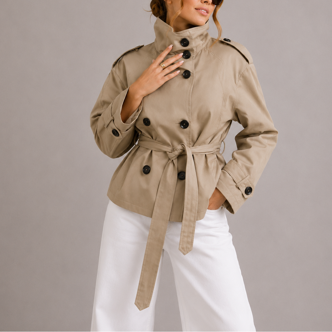 Womens Cropped Trench Coat Belted Stand Collar 1