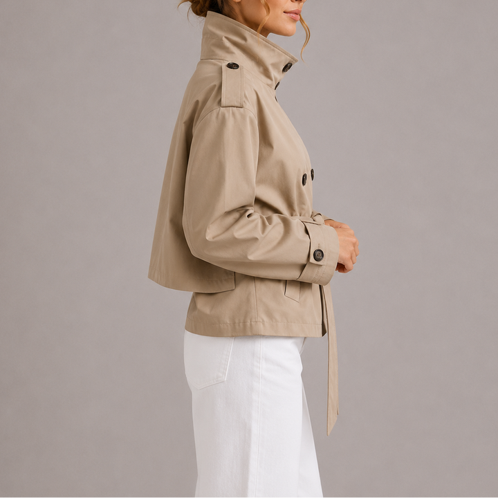 Womens Cropped Trench Coat Belted Stand Collar 2