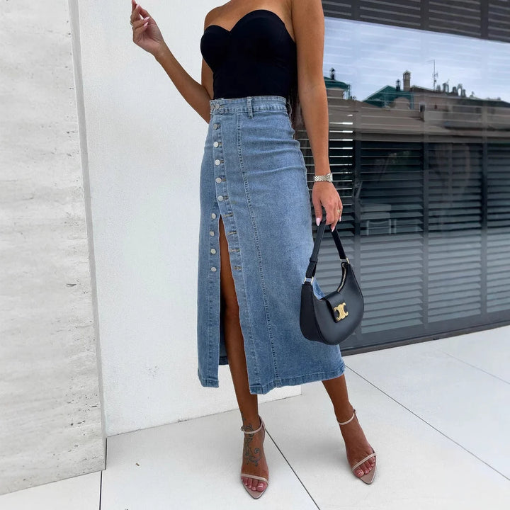 Womens Denim Button Front High Waist Midi Skirt 0