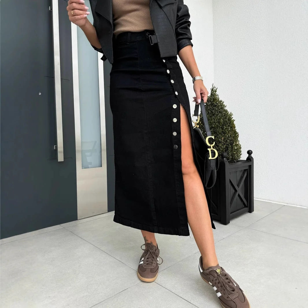 Womens Denim Button Front High Waist Midi Skirt 4