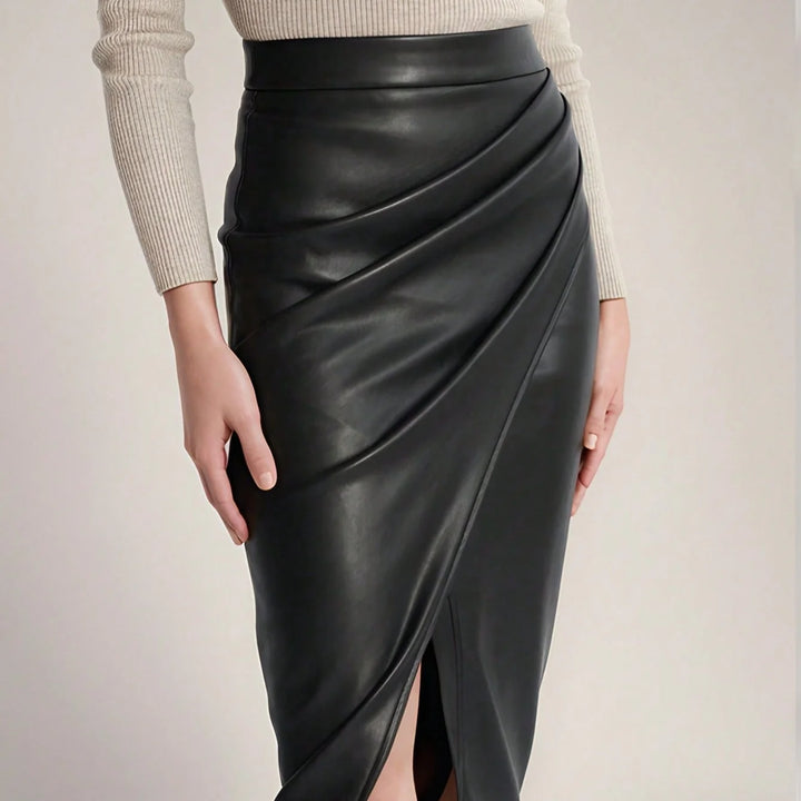 Womens Draped Midi Skirt Synthetic Leather 1