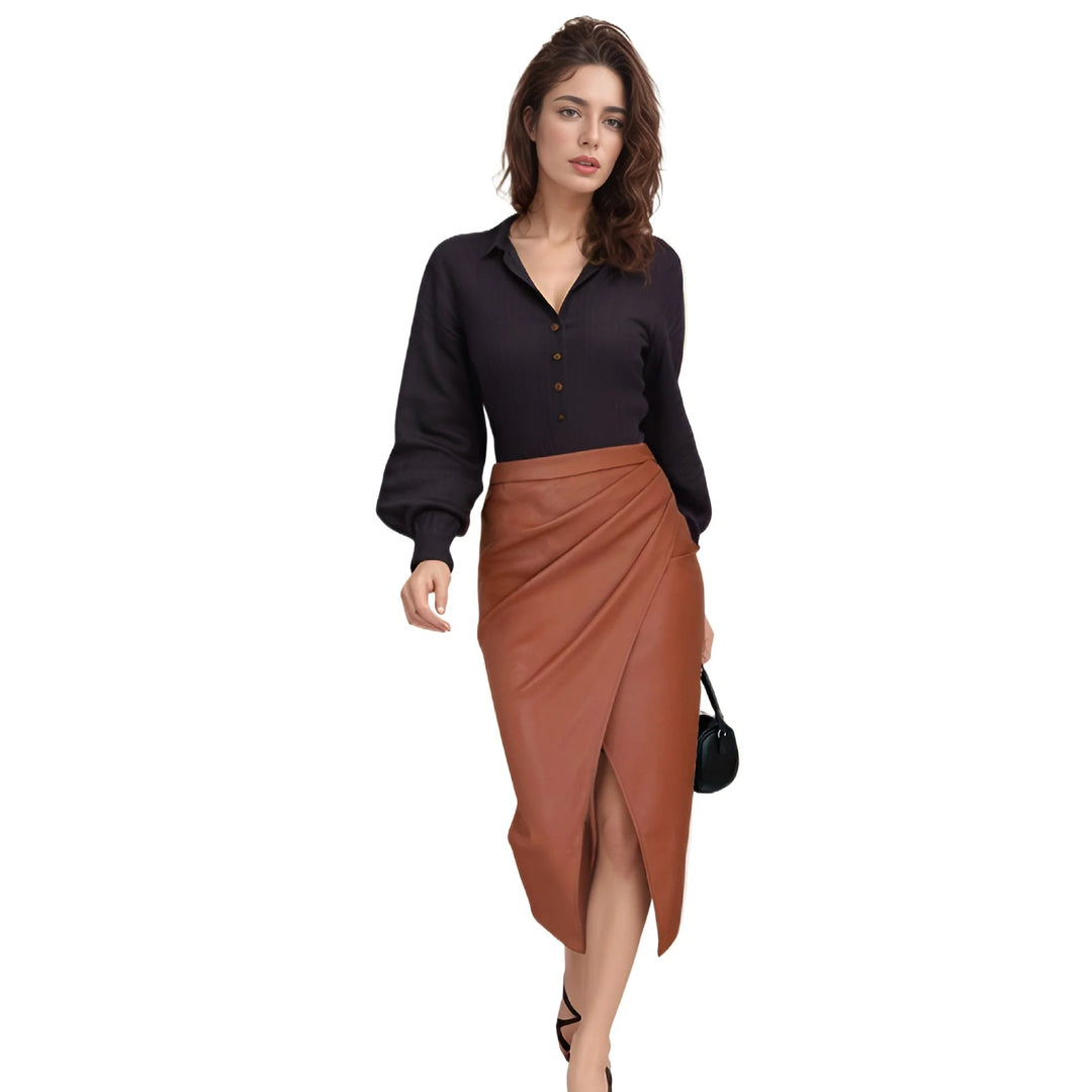 Womens Draped Midi Skirt Synthetic Leather 5