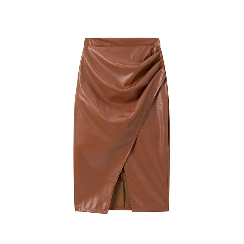 Womens Draped Midi Skirt Synthetic Leather 6
