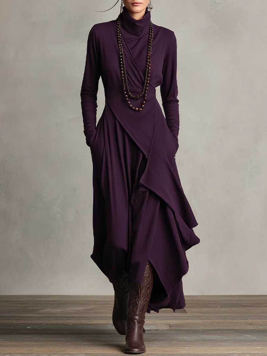 Womens Draped Turtleneck Long Sleeve Maxi Dress Soft Fabric 0