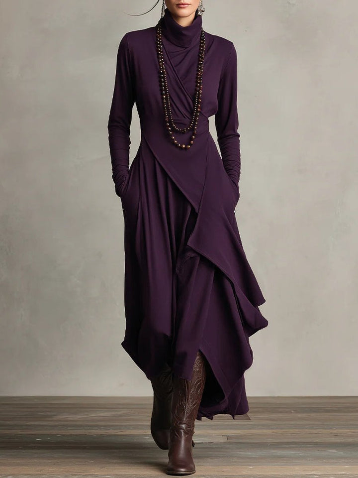 Womens Draped Turtleneck Long Sleeve Maxi Dress Soft Fabric 0