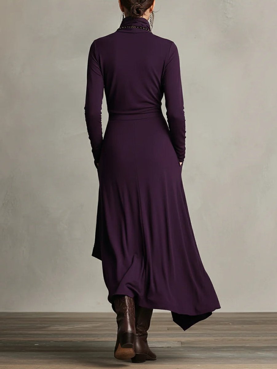 Womens Draped Turtleneck Long Sleeve Maxi Dress Soft Fabric 1