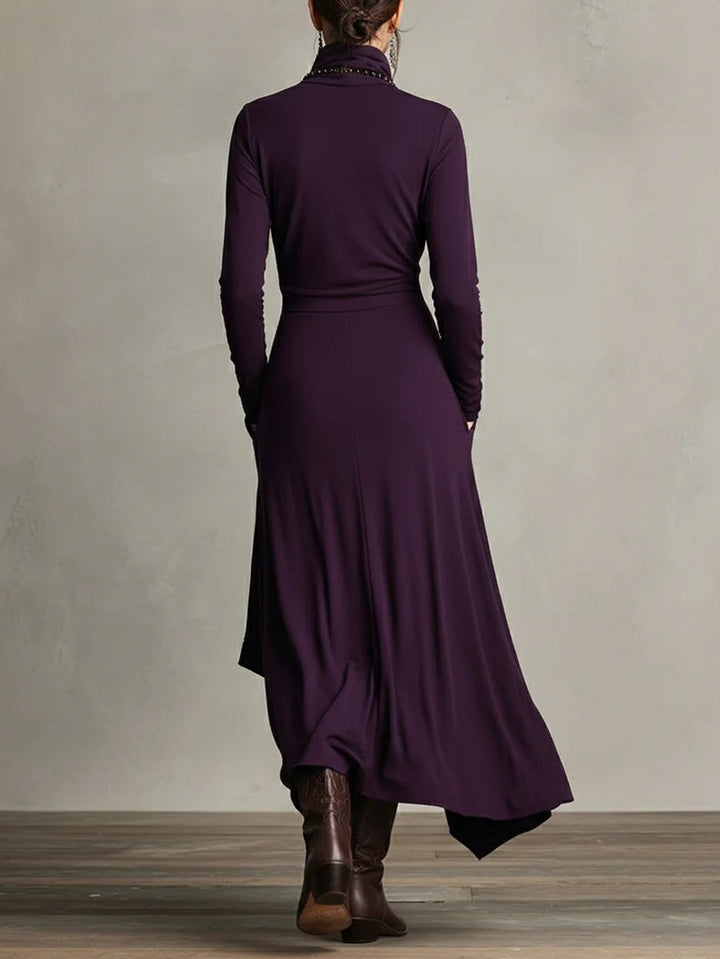 Womens Draped Turtleneck Long Sleeve Maxi Dress Soft Fabric 1