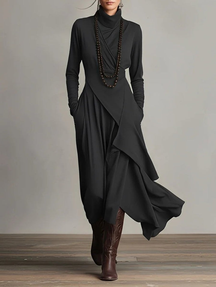 Womens Draped Turtleneck Long Sleeve Maxi Dress Soft Fabric 3