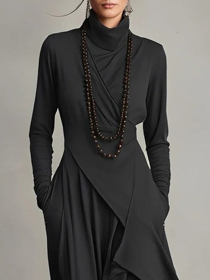 Womens Draped Turtleneck Long Sleeve Maxi Dress Soft Fabric 4