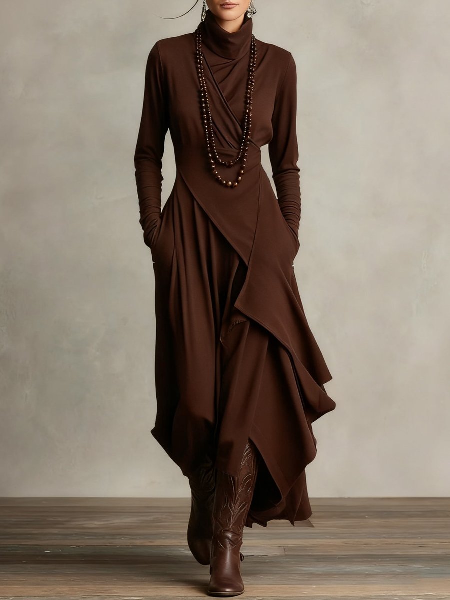 Womens Draped Turtleneck Long Sleeve Maxi Dress Soft Fabric 5