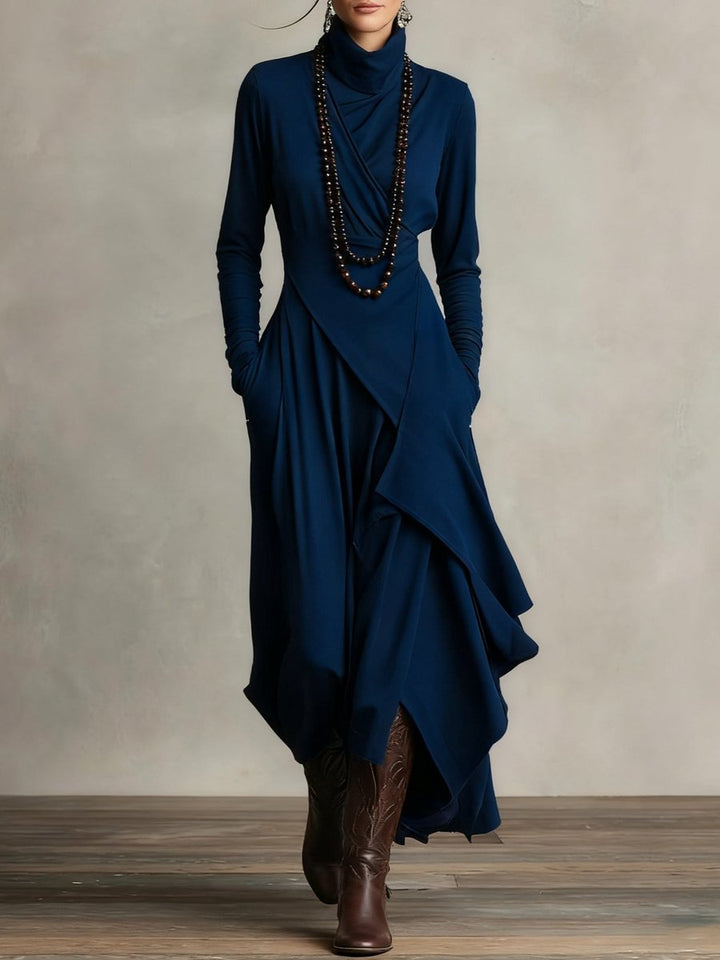 Womens Draped Turtleneck Long Sleeve Maxi Dress Soft Fabric 6