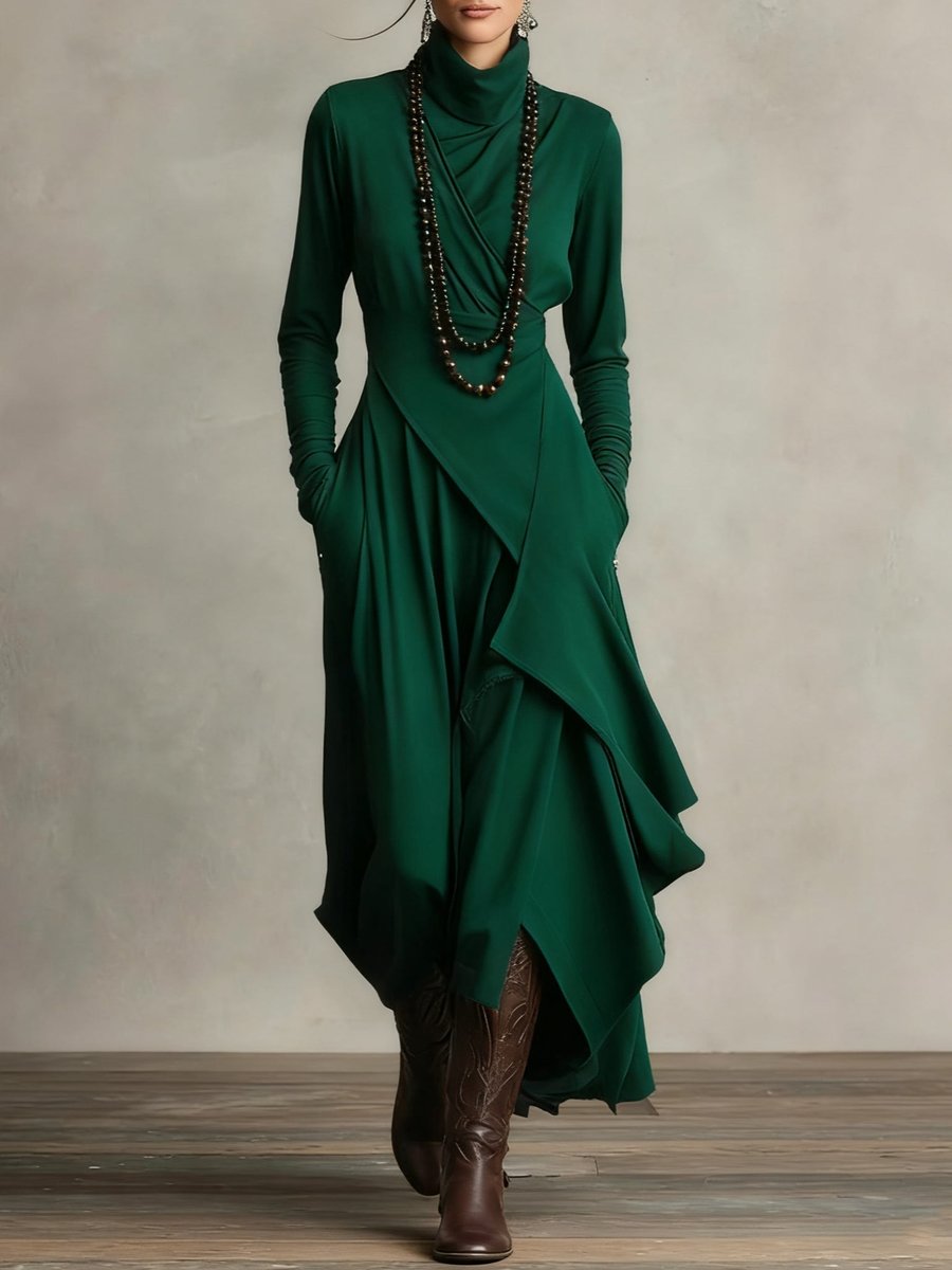 Womens Draped Turtleneck Long Sleeve Maxi Dress Soft Fabric 7